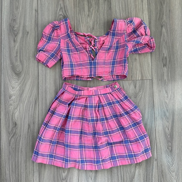 Dolls Kill Dresses & Skirts - Dolls Kill Sugar Thrillz Plaid Two Piece Corset Tie Up Top & Mini Skirt Pink XS